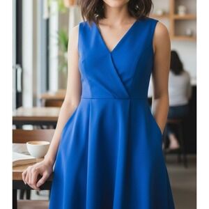 Calvin Klein Size 10 Royal Blue‎ Fit & Flare Dress Sleeveless Midi Gold Back Zip